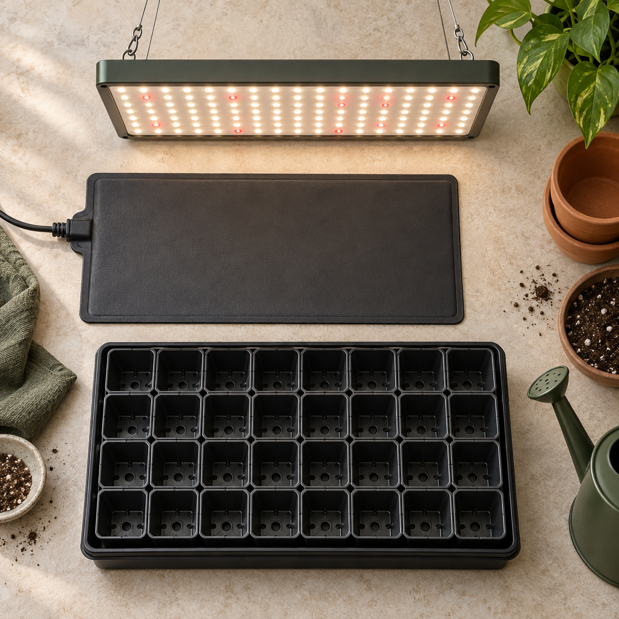 LED grow light, heat mat, and reusable propagation tray